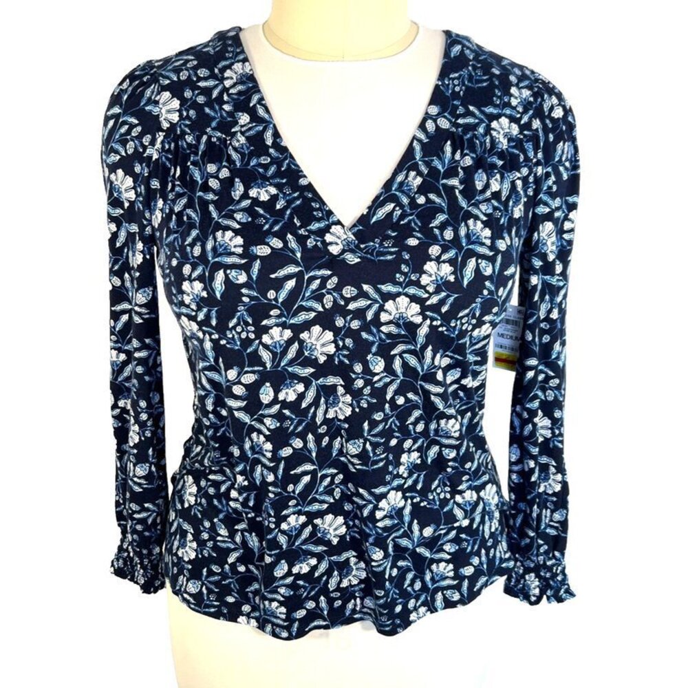 Style & Co Blouse Women's M Blue Floral Chintz Long Sleeve Gathered Cuffs VNeck